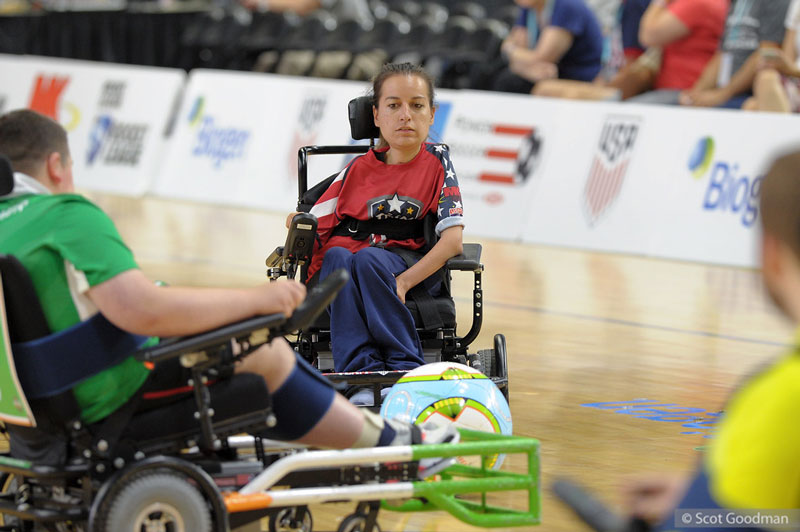 Natalie playing power wheelchair soccer. Photo by Scot Goodman