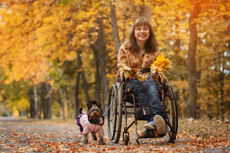 A woman using her wheelchair taking her dog for a walk