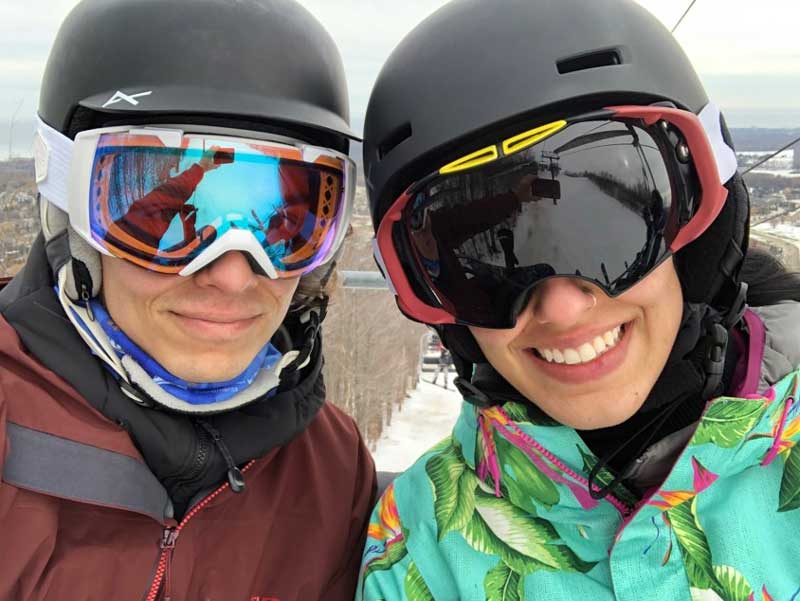 Nik and Annie snowboarding