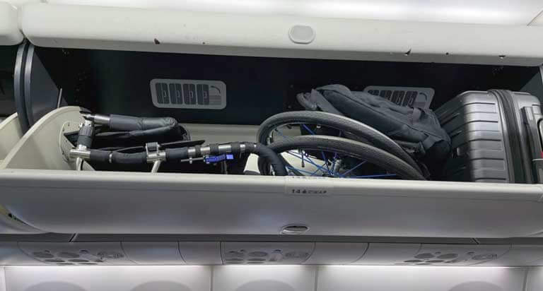 Shaun's RGK Octane FX stored in the overhead compartment on an airplane